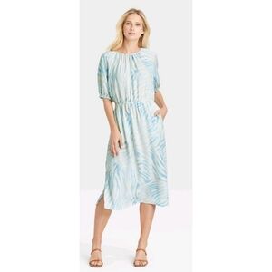 Who What Wear White Blue Zebra Striped Raglan Short Sleeve Dress